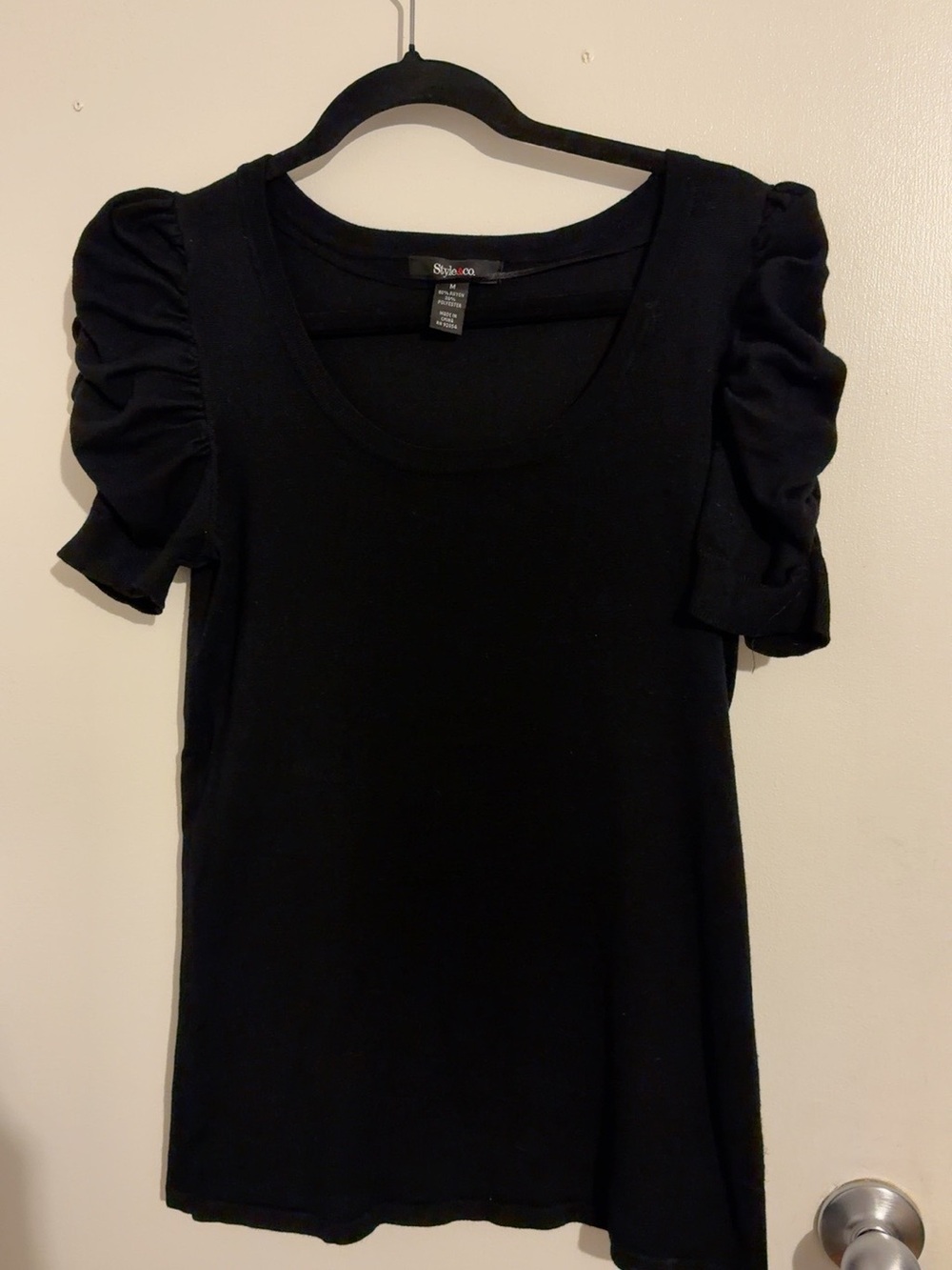 Style & Co. Black Ruched Puff Sleeve Top Size Medium